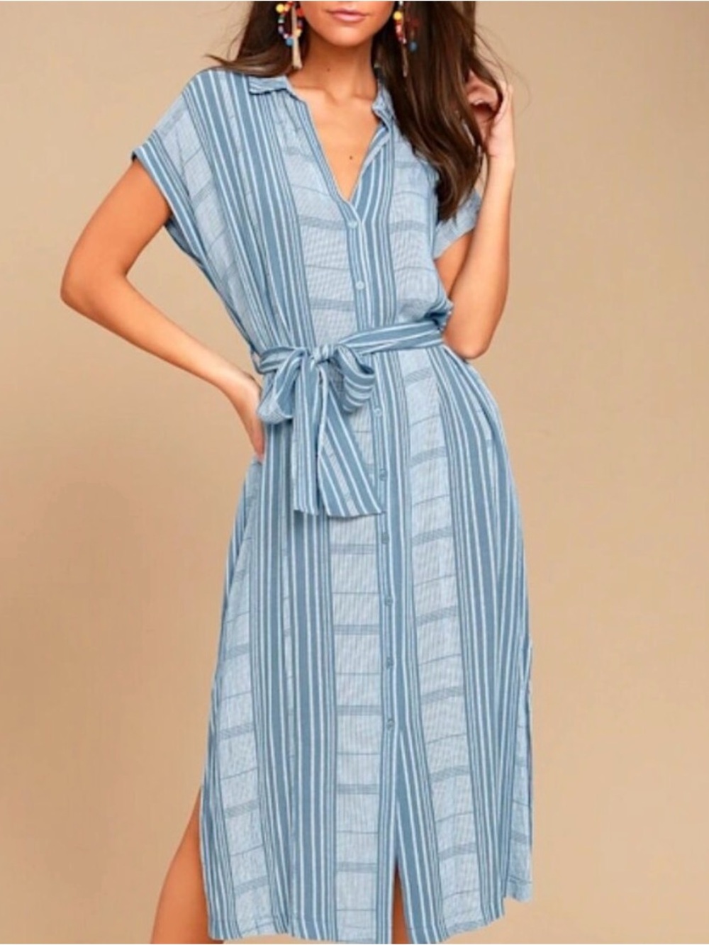 Lush Blue Striped Midi Shirt Dress